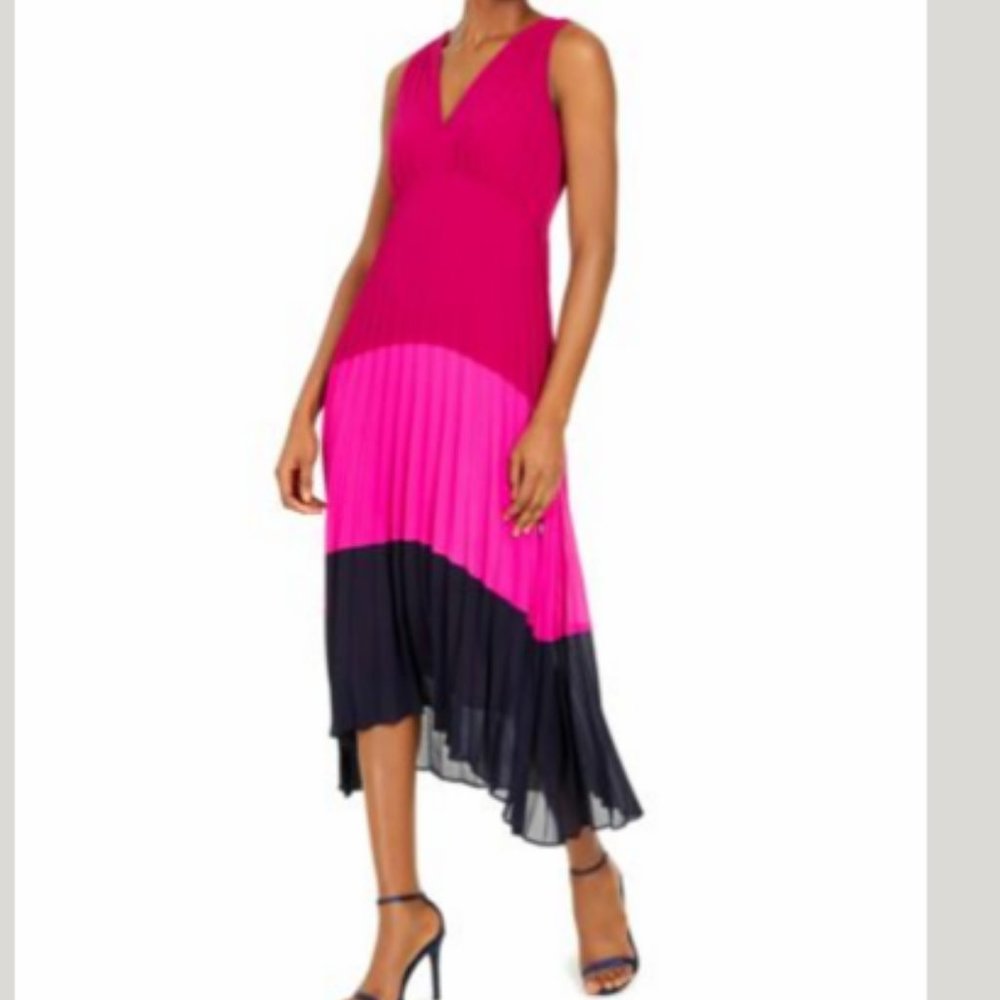 TAYLOR Colorblock Empire Waist NEW Accordion Pleat  Maxi-Midi Dress
